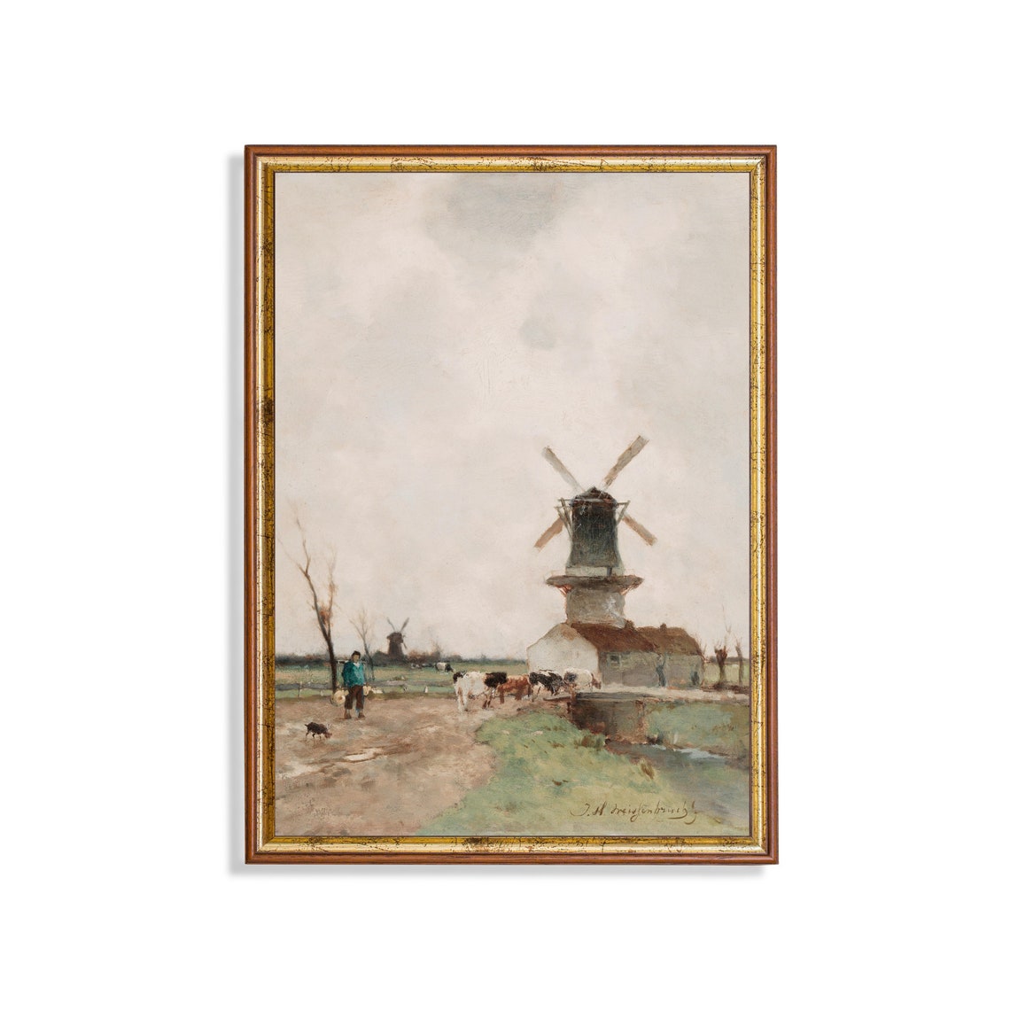 Dutch Polder Windmill with a Herdsman and Cattle Scene Poster