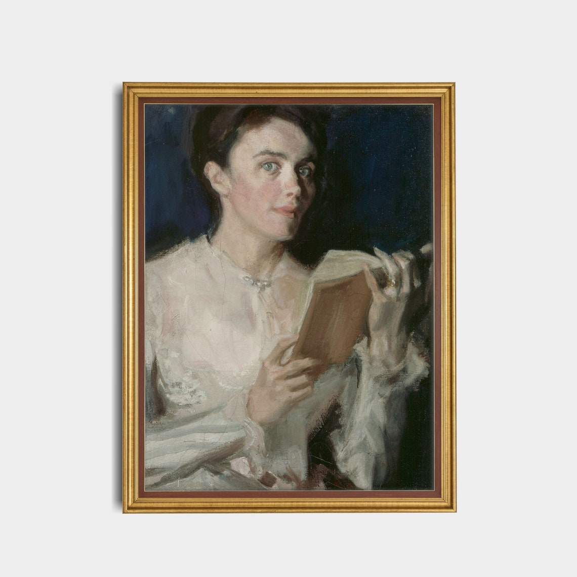 Woman in a White Dress Reading a Book Looking Up Moody Poster - Image 3