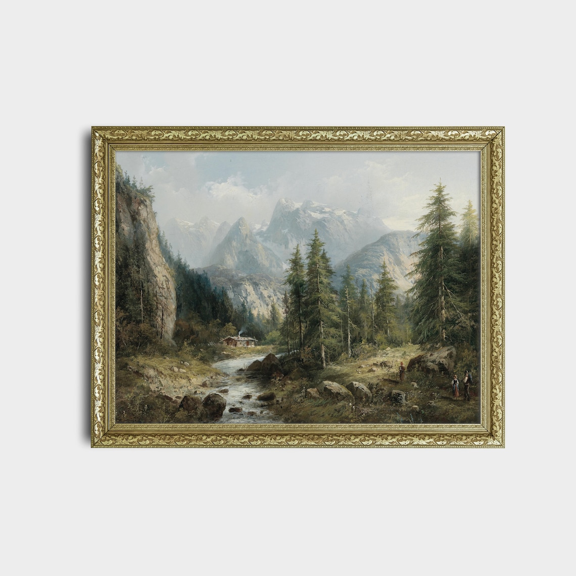 Alpine Stream with Smoky Cabin and Snowy Peaks Vintage Nature Poster - Image 2