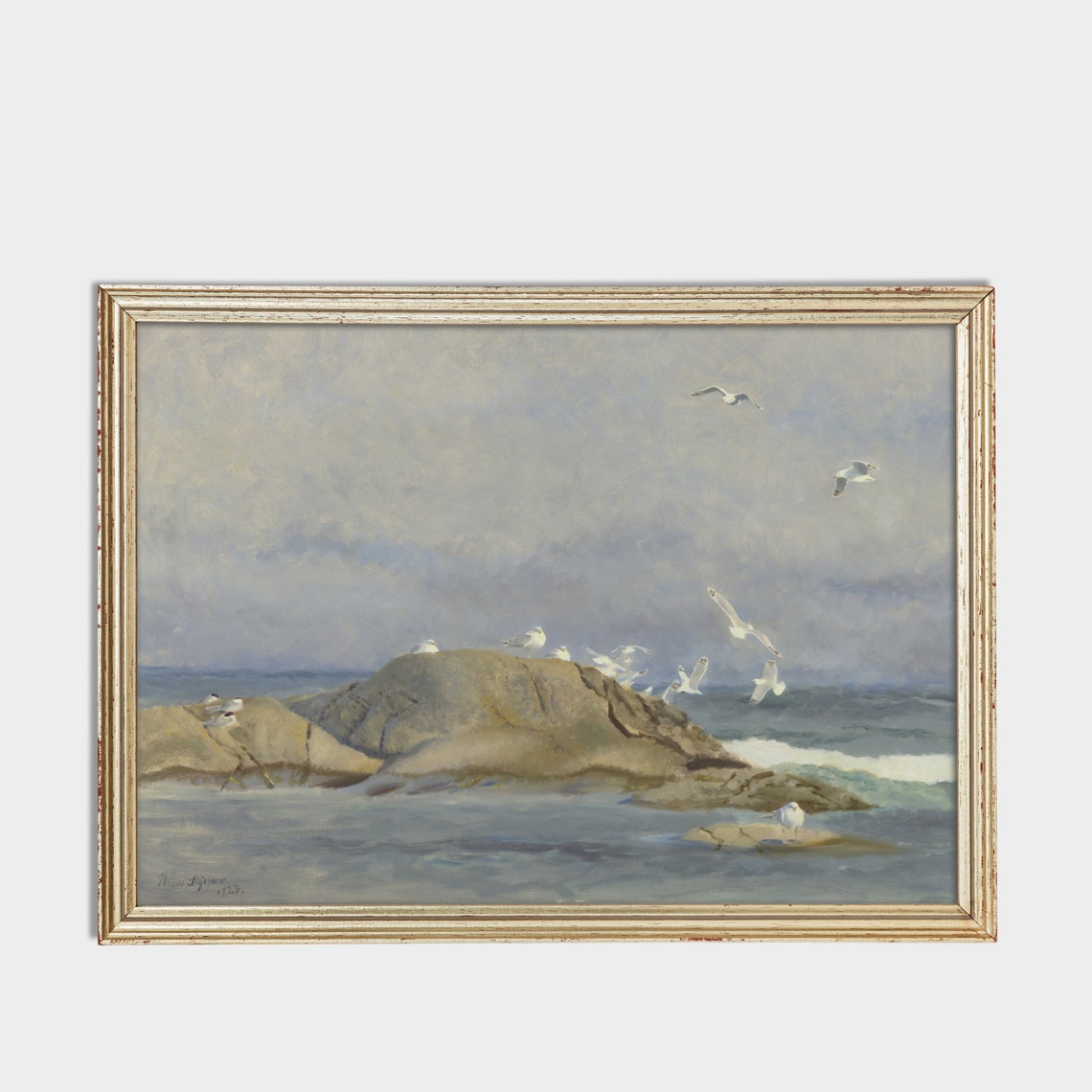 Seagulls Soaring Over a Rocky Island in a Grey Sea Sky Poster - Image 3