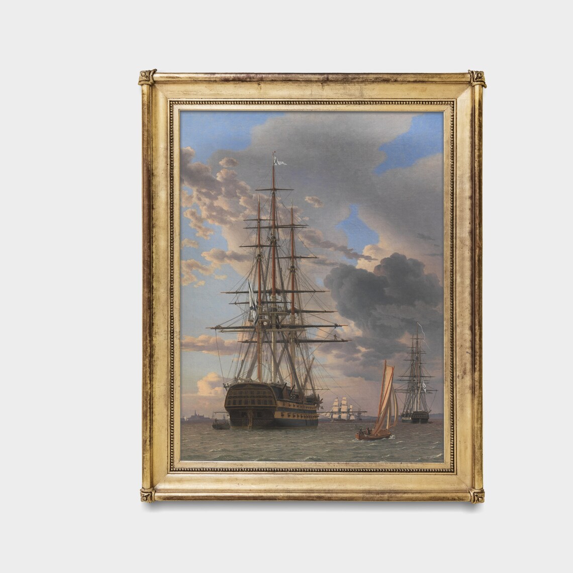 Tall Sailing Ships At Anchor Antique Maritime Oil Painting Poster - Image 5