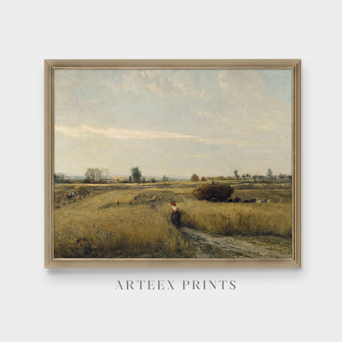 Golden Wheat Harvest Field with Workers and Haystacks Poster - Image 4
