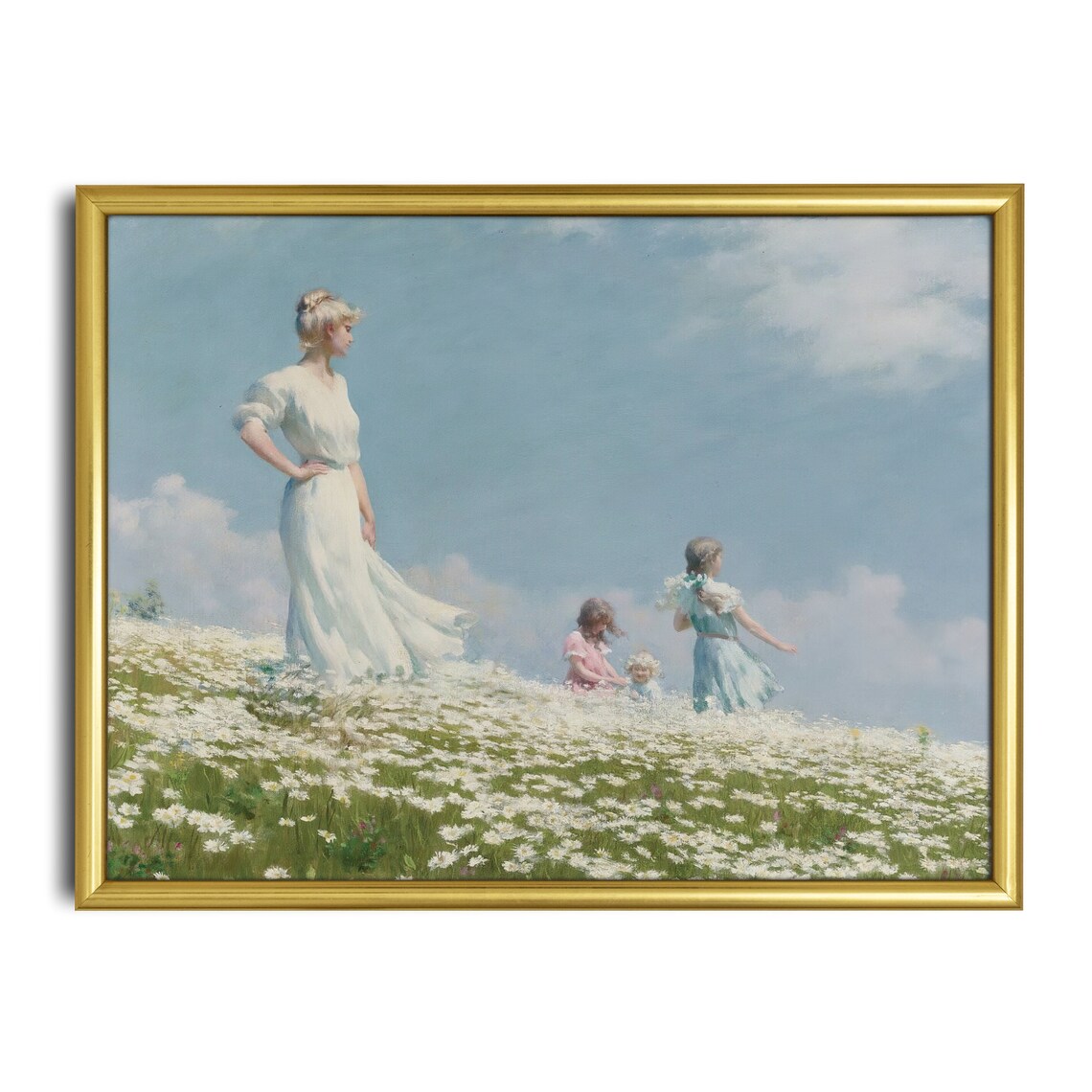 Mother and Children in a Daisy Field on a Summer Day Art Poster