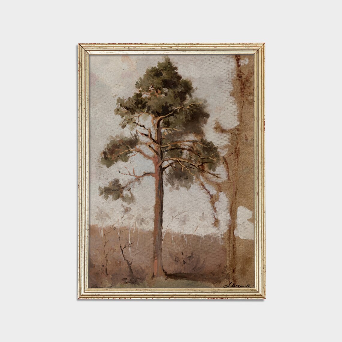 Solitary Pine Tree Study on Aged Toned Paper Antique Art Poster - Image 2