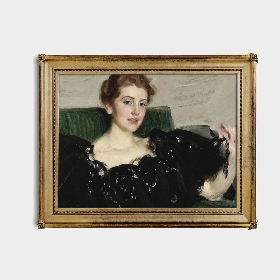 Young Woman in a Black Dress on a Green Sofa Antique Portrait Poster - Image 3