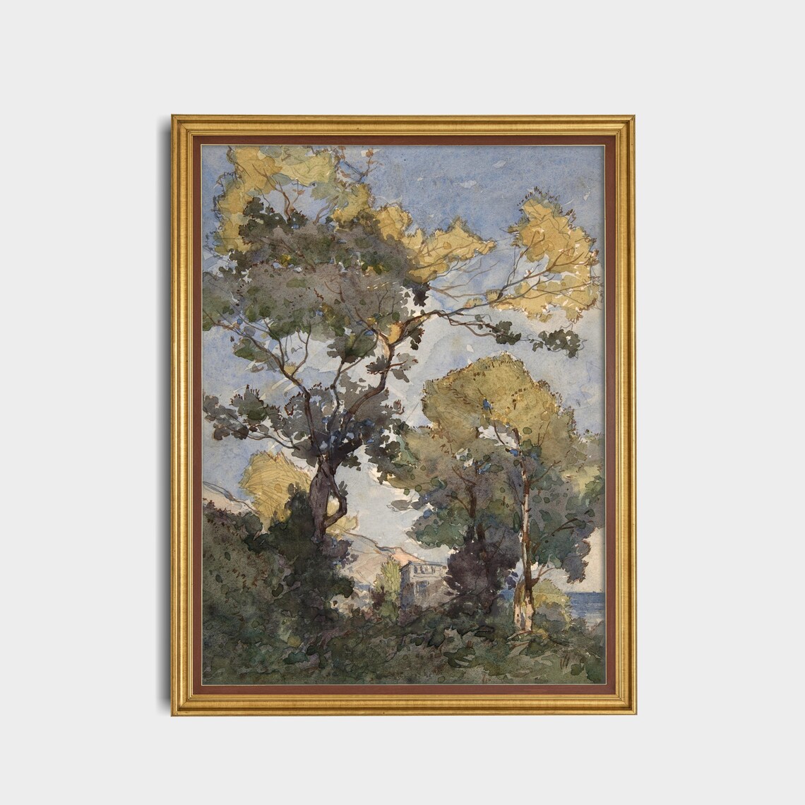 Golden Canopy Trees Above a Village Watercolor Landscape Poster - Image 3