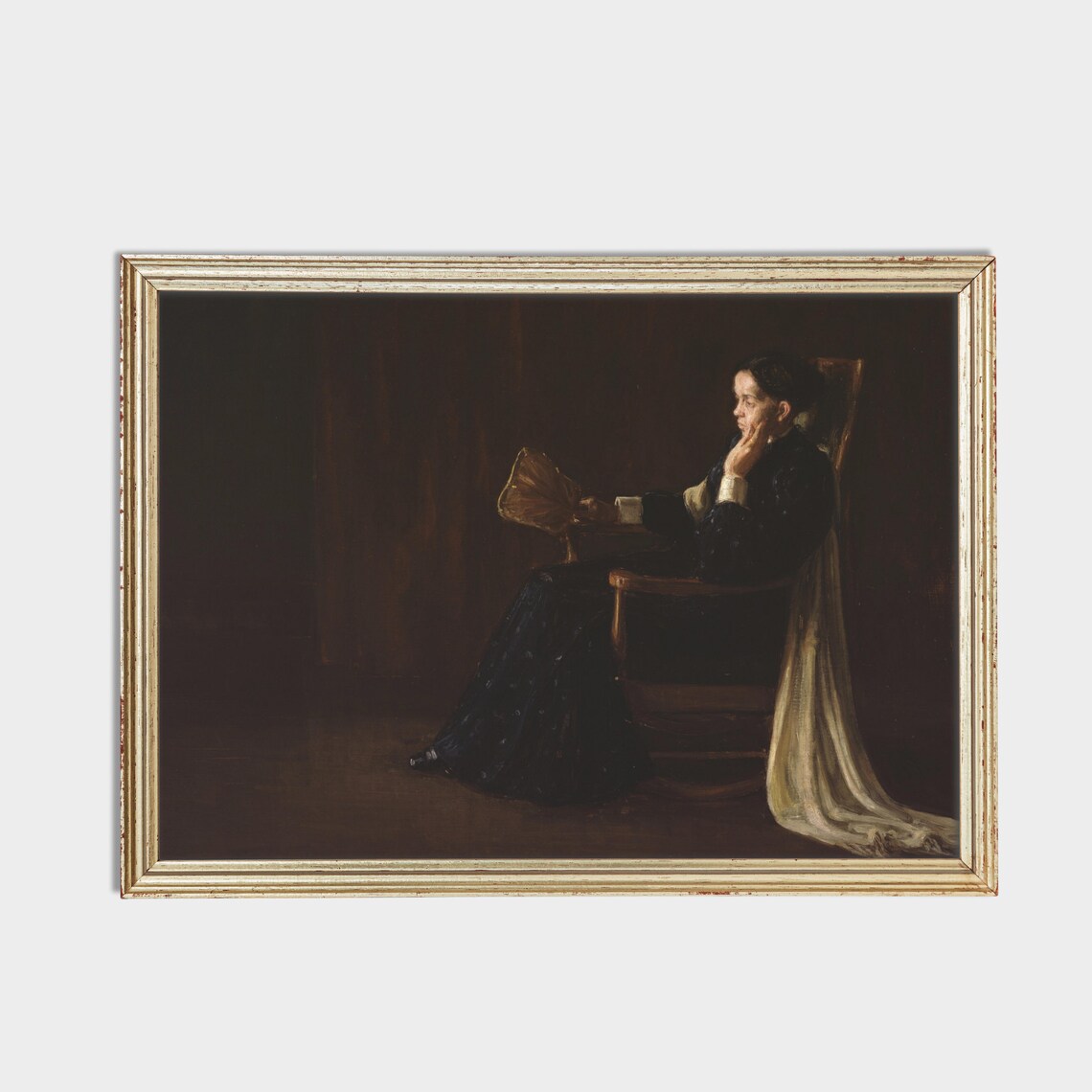 Seated Woman with Fan in Dark Room Moody Portrait Painting Poster - Image 2