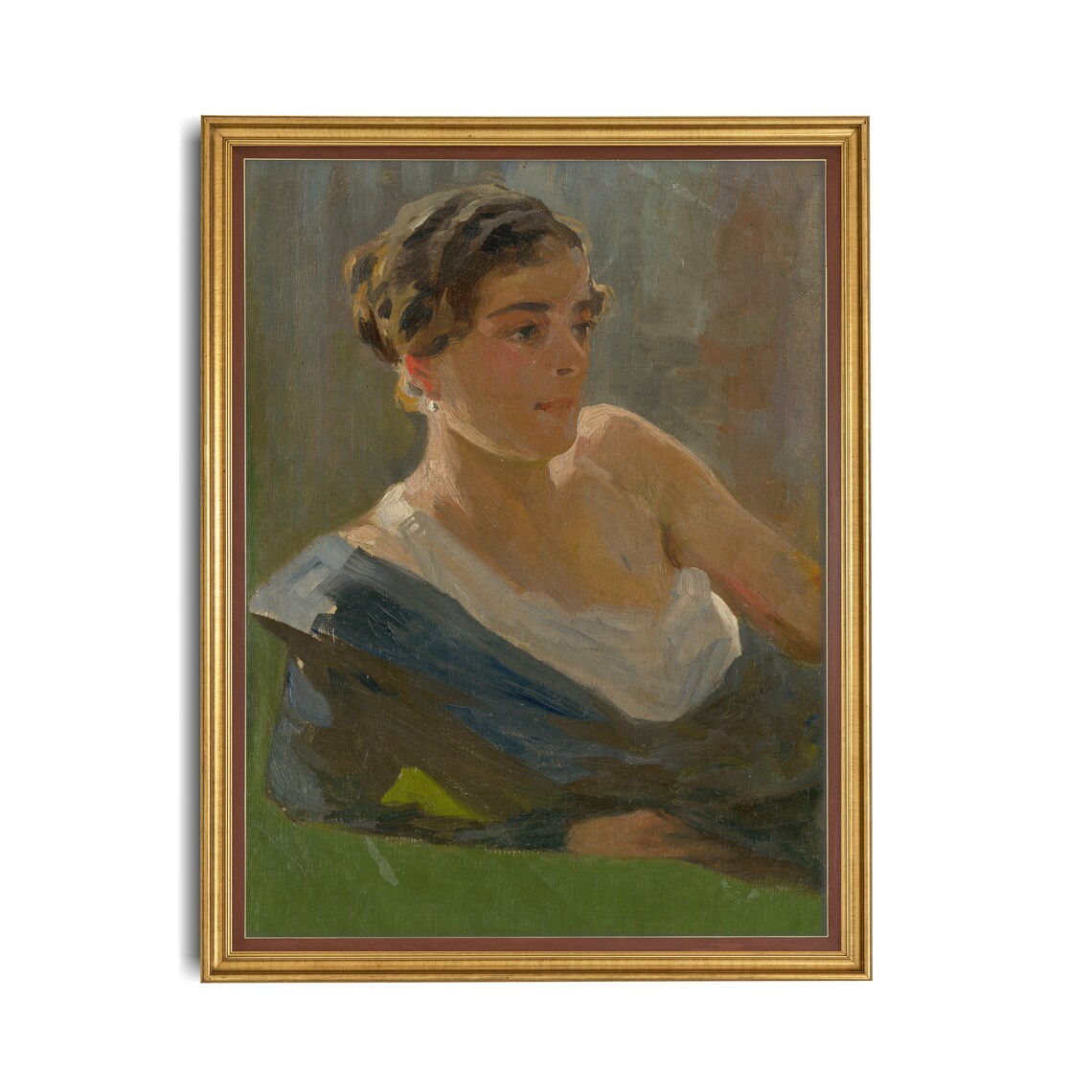 Portrait of a Woman in a Blue Shawl Vintage Oil Painting Poster - Image 2