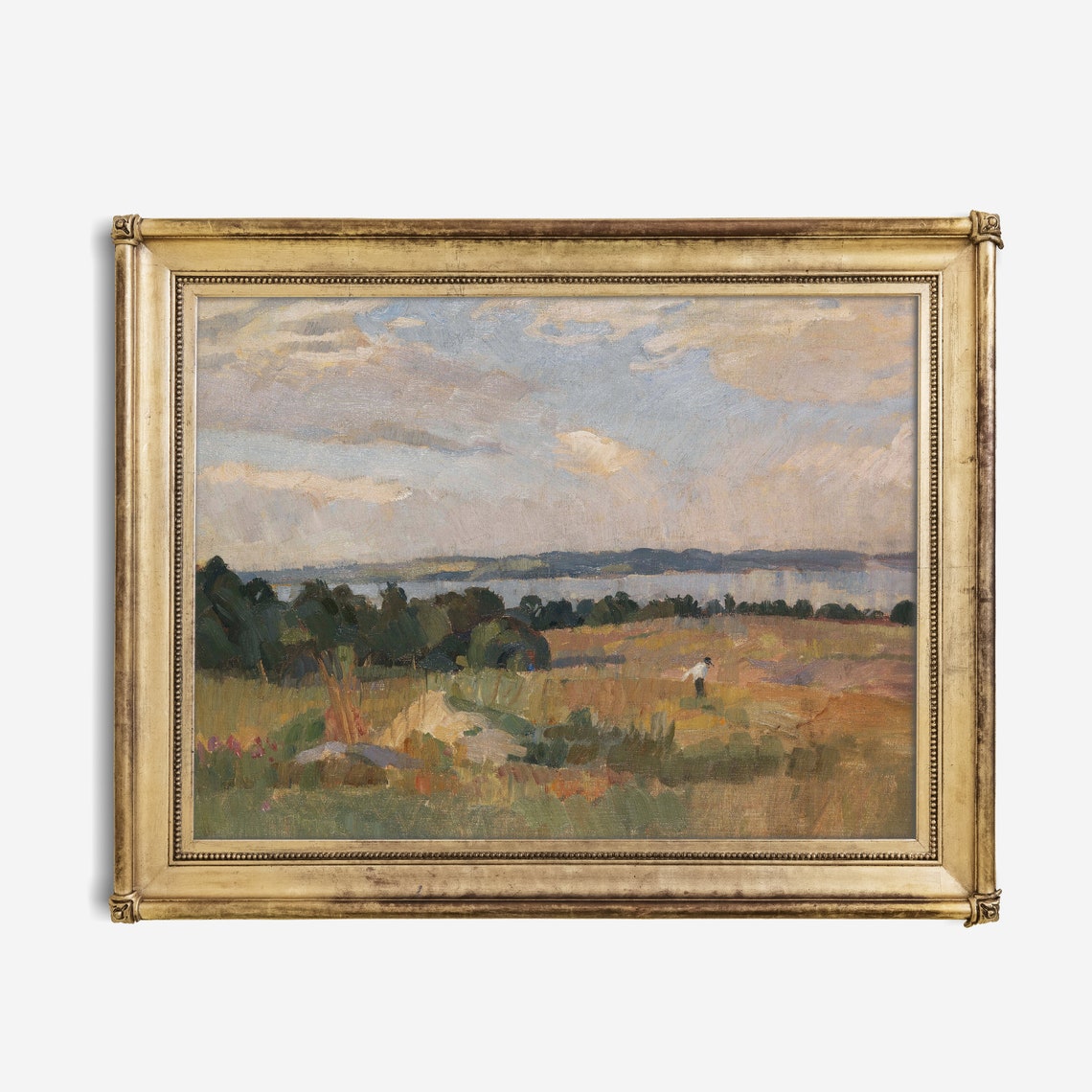 Lonely Walker in Open Field with Distant Lake Impressionist Poster - Image 4