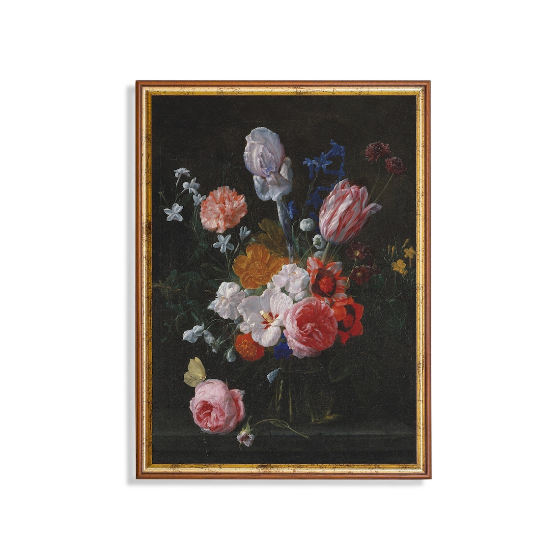 Dark Floral Still Life Bouquet with Tulips and Irises Poster
