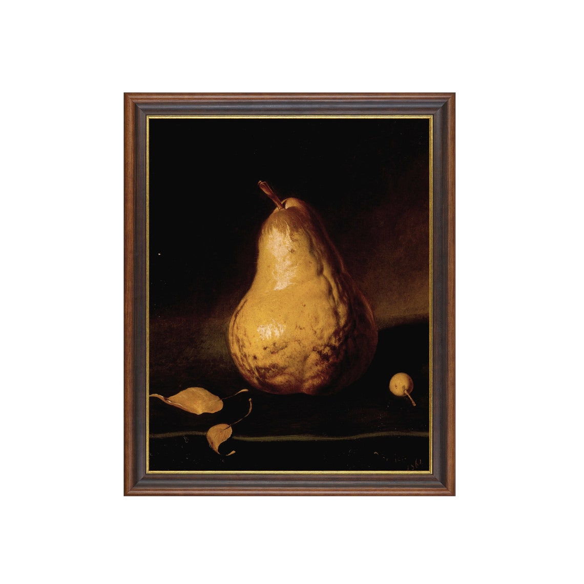 Single Golden Pear On Dark Moody Still Life Vintage Fruit Poster