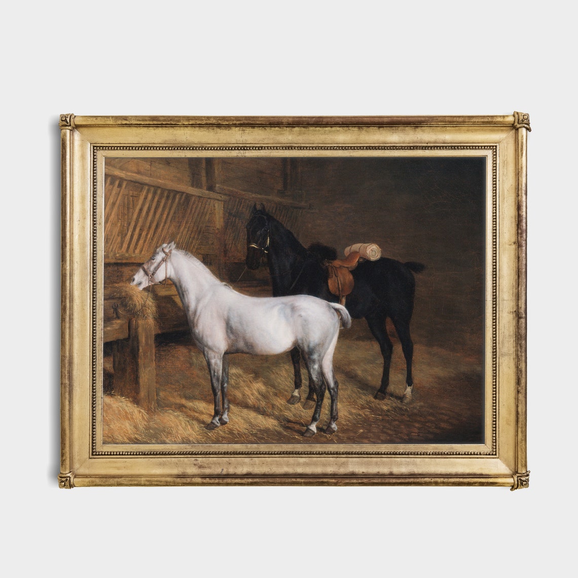 Grey and Bay Horses Together in a Dark Stable Painting Poster - Image 2