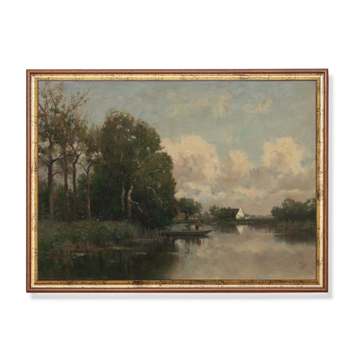 Quiet River Flowing Past Tall Trees Toward a Distant Cottage Poster
