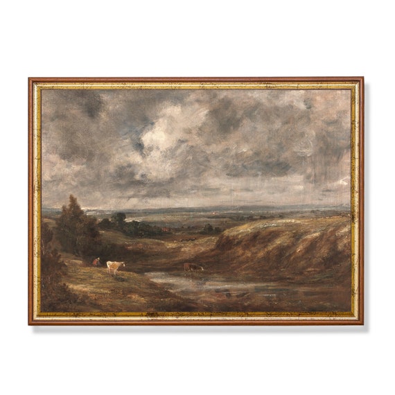 Vintage Landscape Painting Antique Country Landscape Moody Rustic Cow Print Wall Art Farmhouse Decor