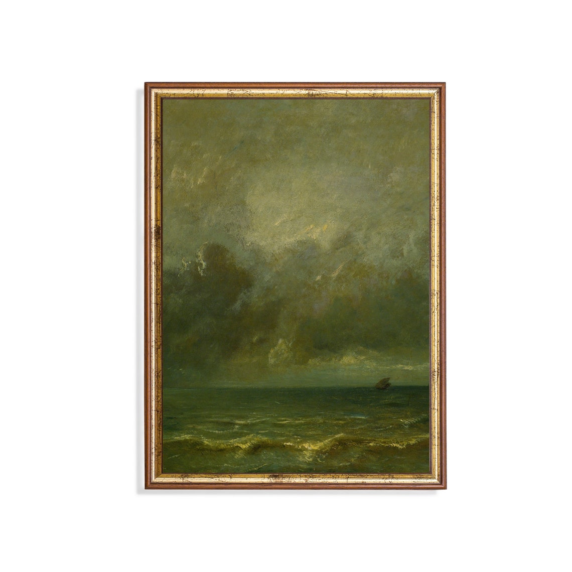 Green Stormy Ocean with a Small Ship Vintage Seascape Poster
