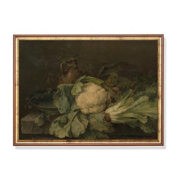 Printed And Shipped Vintage Still Life With Vegetables Antique Kitchen Print Moody Rustic Kitchen Wall Art Cauliflower And Endive
