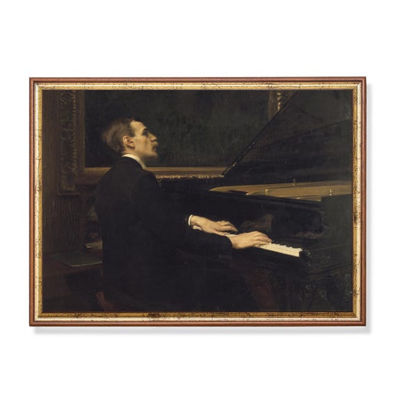 Mailed Print Vintage Man Portrait Antique Man Playing Piano Print And Ship Moody Rustic Portrait Painting Livingroom Art