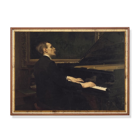 Young Gentleman Playing a Grand Piano in a Dimly Lit Room Poster