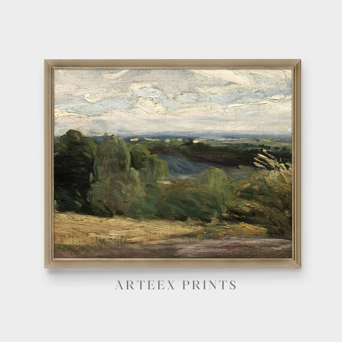 Impressionist Hillside Meadow Under Swirling Clouds Painting Poster - Image 4