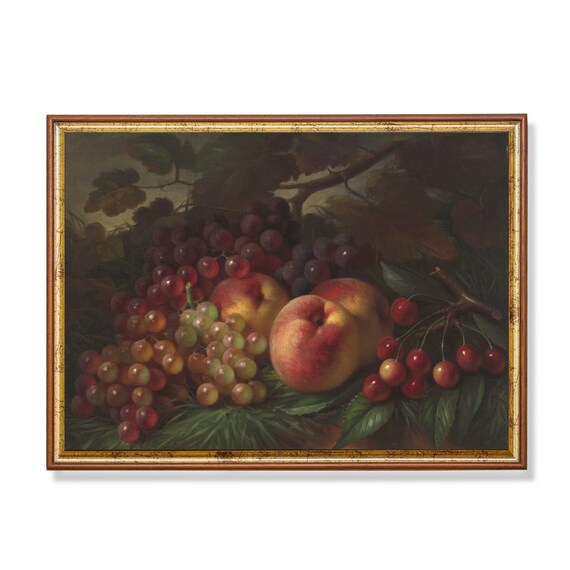 Still Life With Peaches Grapes Cherries Vintage Still Life Painting Antique Fruits Rustic Print Kitchen Decor
