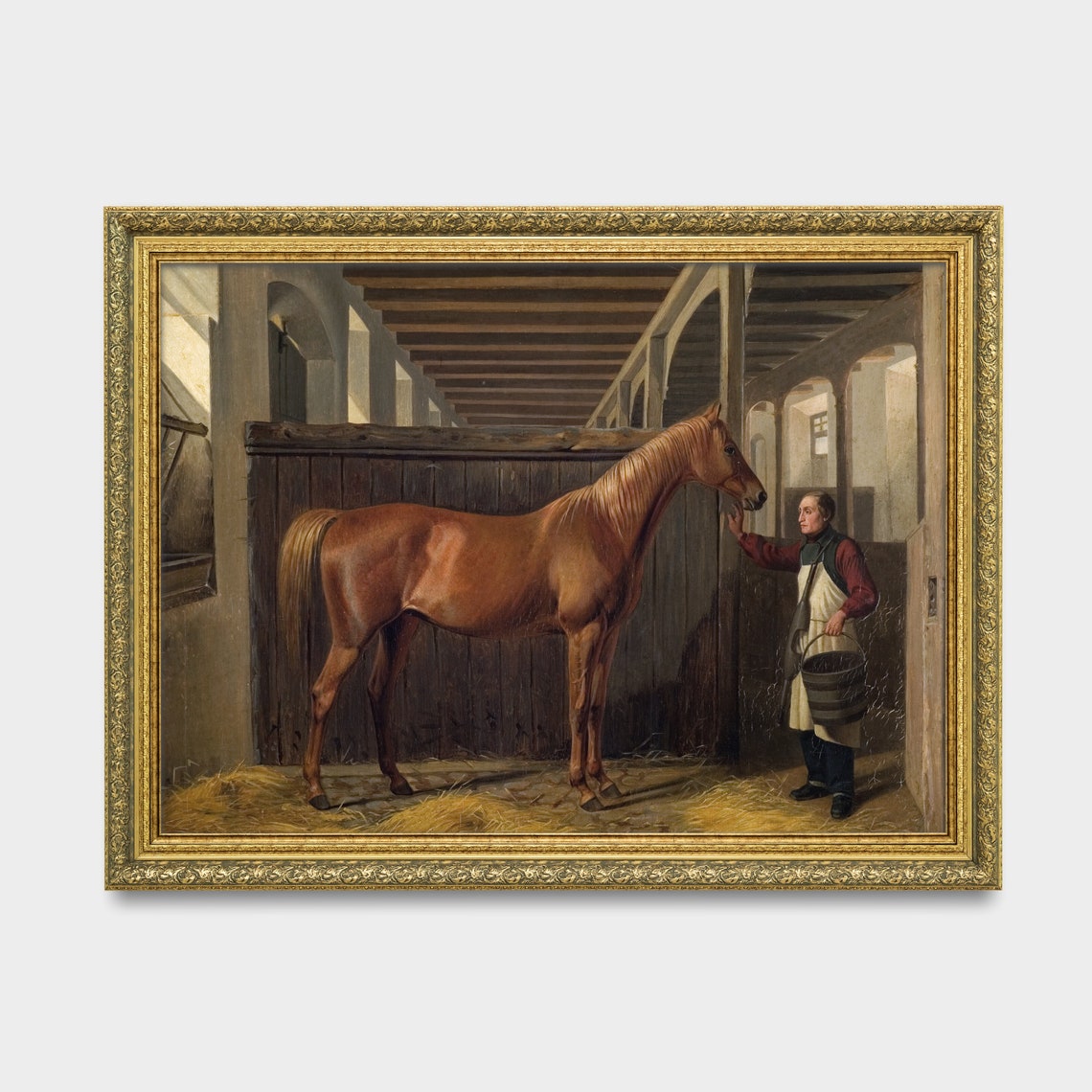 Chestnut Horse Greeted by a Groom with a Bucket Stable Poster - Image 3
