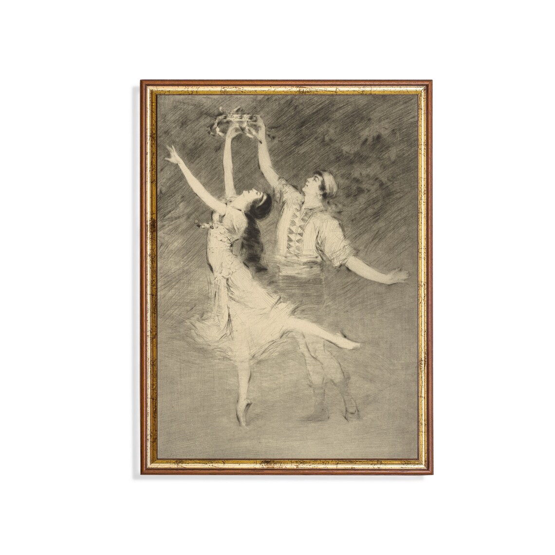 Expressive Charcoal Sketch Of Two Dancers In Motion Vintage Art Poster