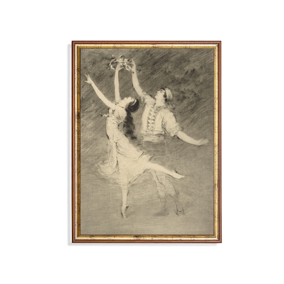 Expressive Charcoal Sketch Of Two Dancers In Motion Vintage Art Poster