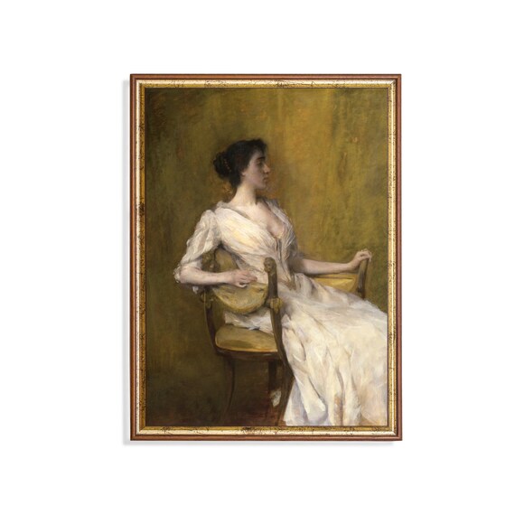 Seated Woman in White Dress against a Moody Golden Backdrop Portrait Poster