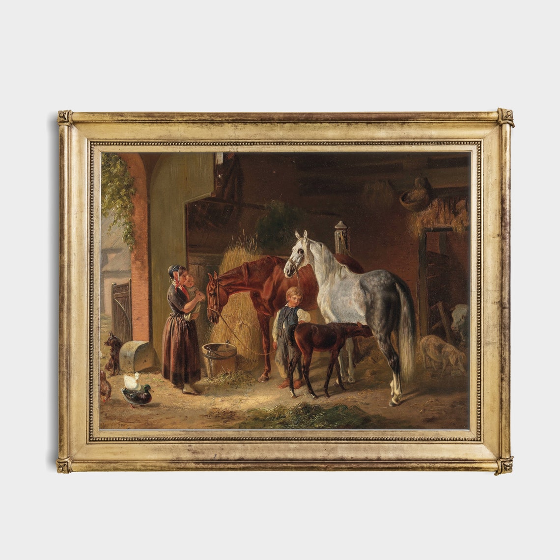 Horses in Stable with Foal Vintage Barnyard Scene Painting Poster - Image 4
