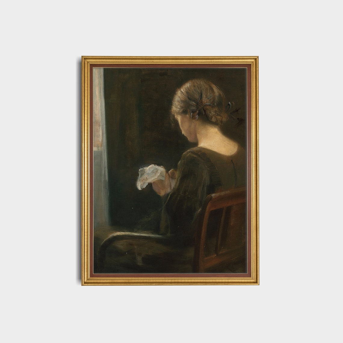 Woman Sewing by a Window Seen from Behind Moody Interior Oil Print - Image 3