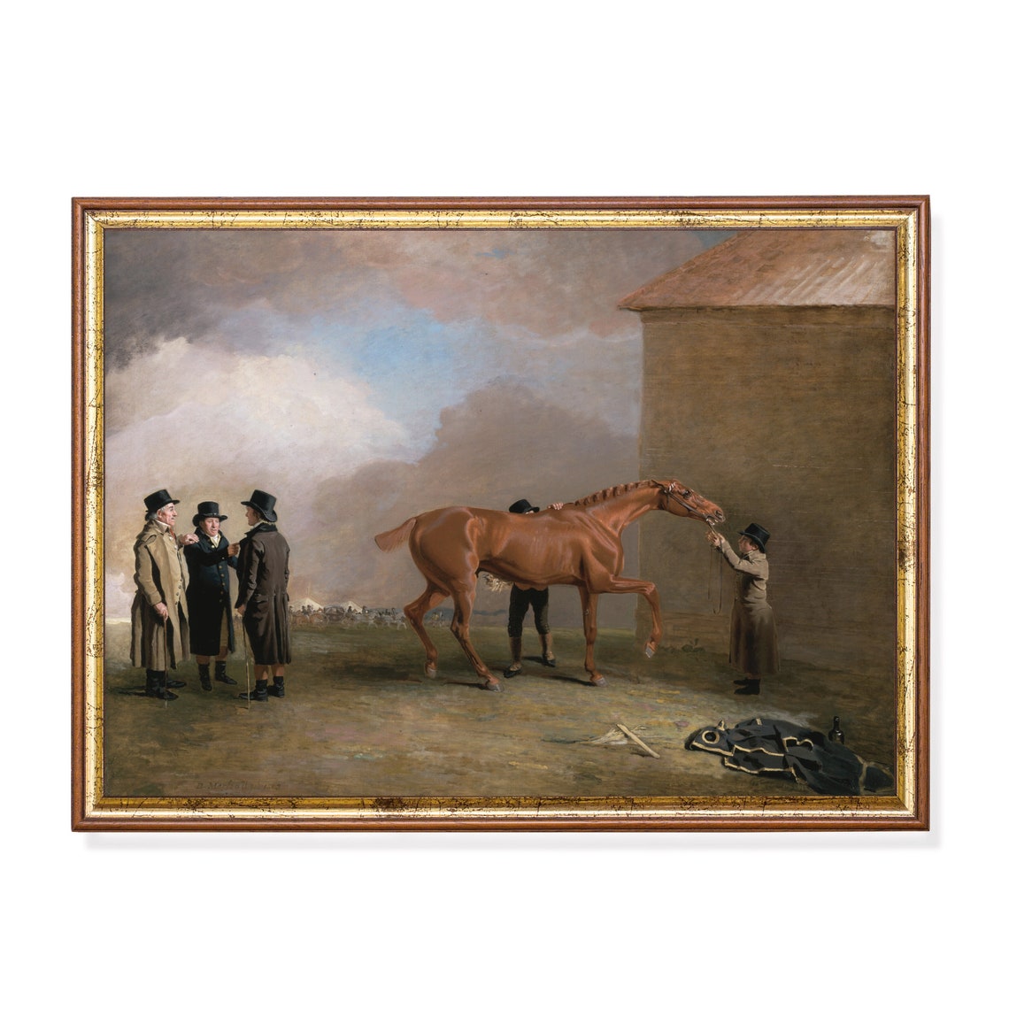 Gentlemen Inspecting a Chestnut Racehorse at the Stable Poster