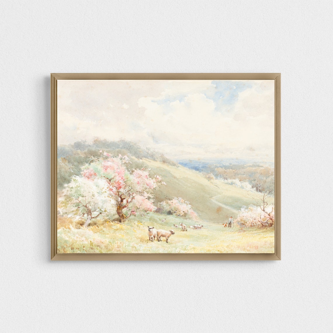 Sheep Grazing Blossom Orchard Spring Pastoral Watercolor Poster - Image 2