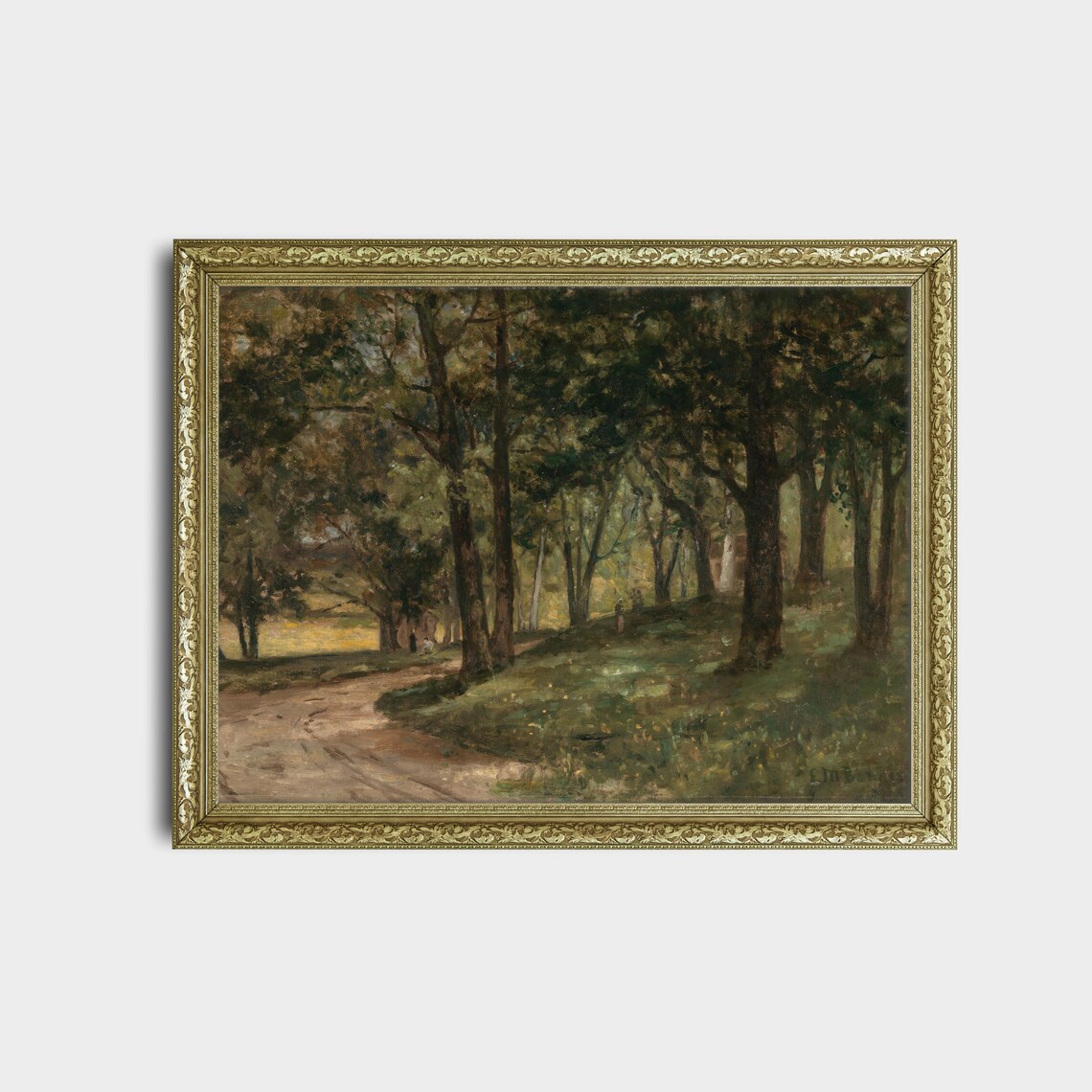 Woodland Path Through Tall Shady Trees with Walkers Vintage Oil Print - Image 2