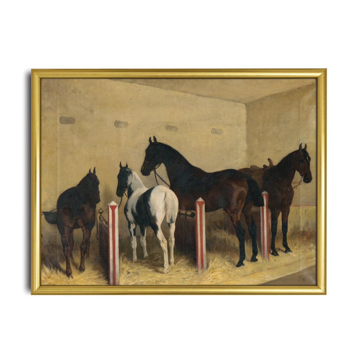 Four Horses in Sunlit Stable Interior Vintage Equestrian Group Poster