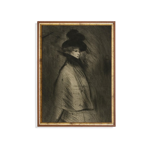 Vintage Woman Sketch Antique Portrait Drawing Moody Rustic Print Wall Art Female Sketch Drawing