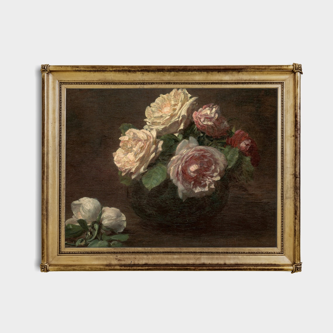 Blush Pink and White Roses Oil Still Life Antique Floral Poster - Image 3