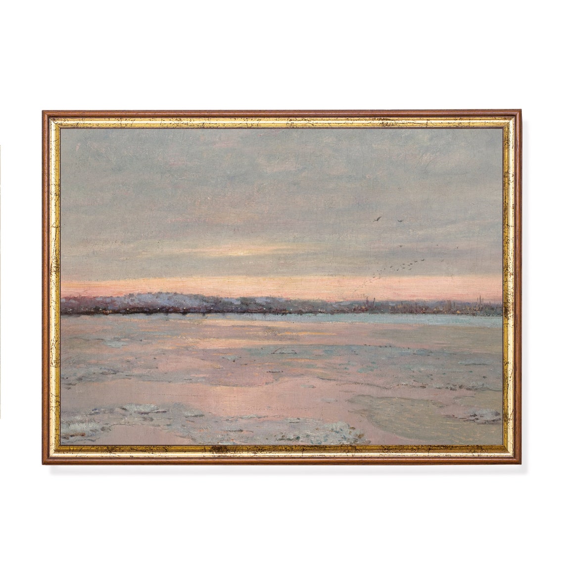 Frozen River at a Pink Sunset Vintage Winter Landscape Art Poster