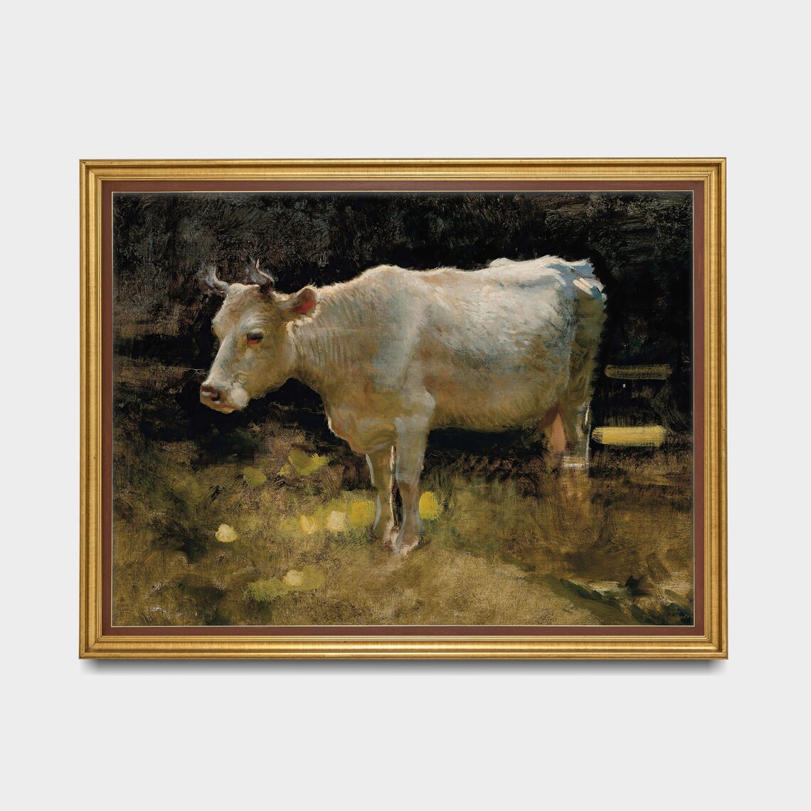 White Cow Standing in a Moody Dark Pasture Animal Painting Poster - Image 3