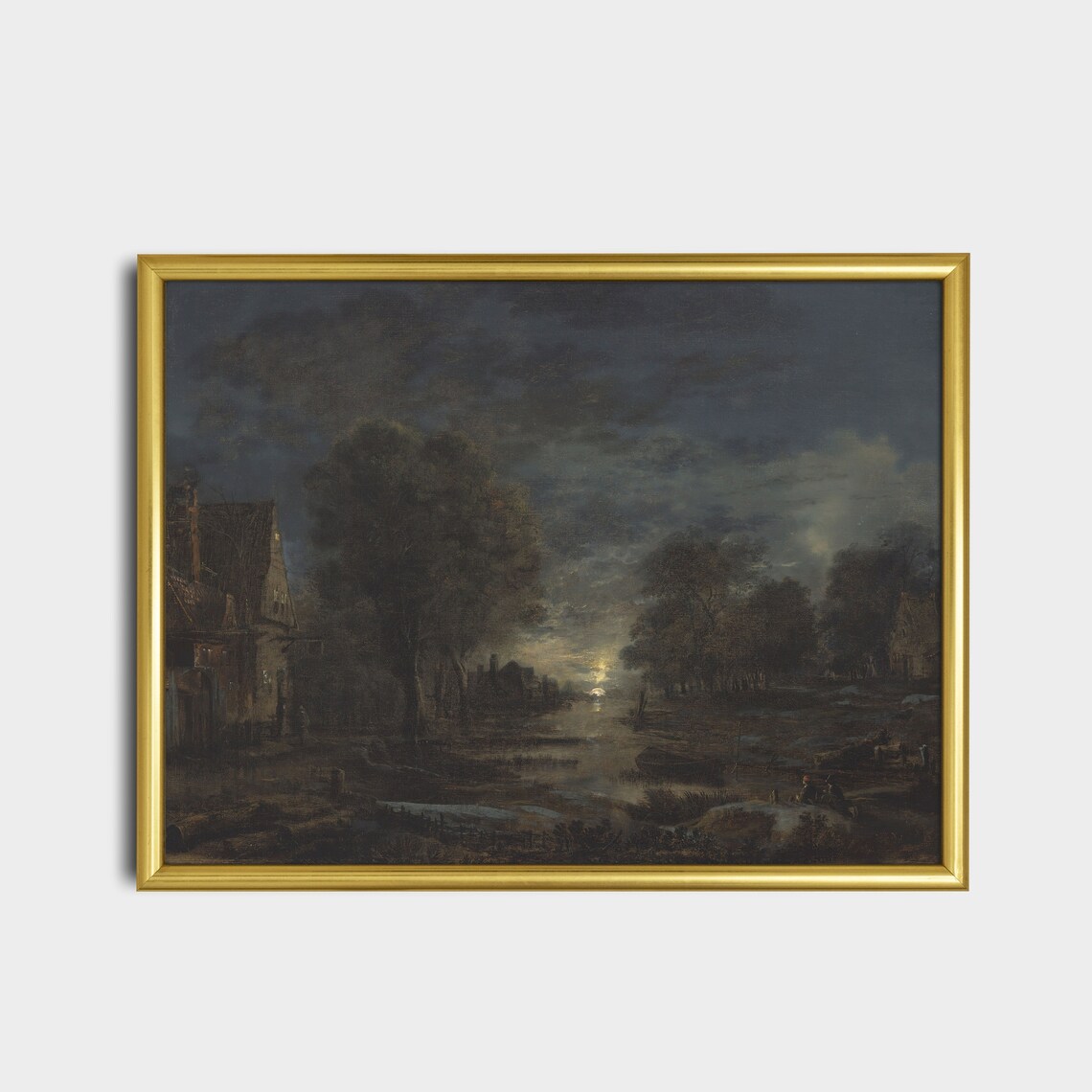 Moonlit Village by a Still River at Night Dark Romantic Painting Poster - Image 2