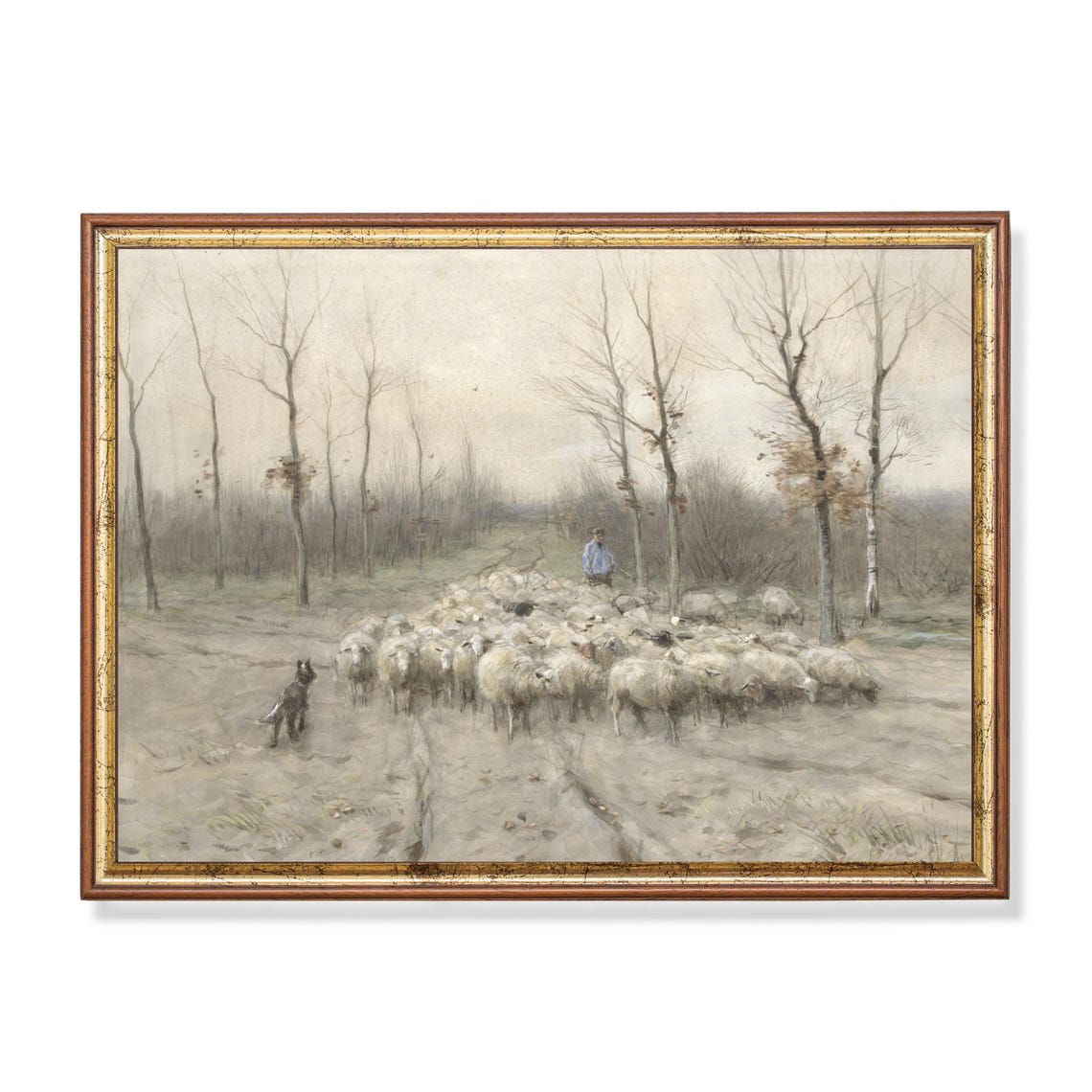Shepherd Leading Sheep Flock Sandy Path Bare Trees Vintage Art Poster