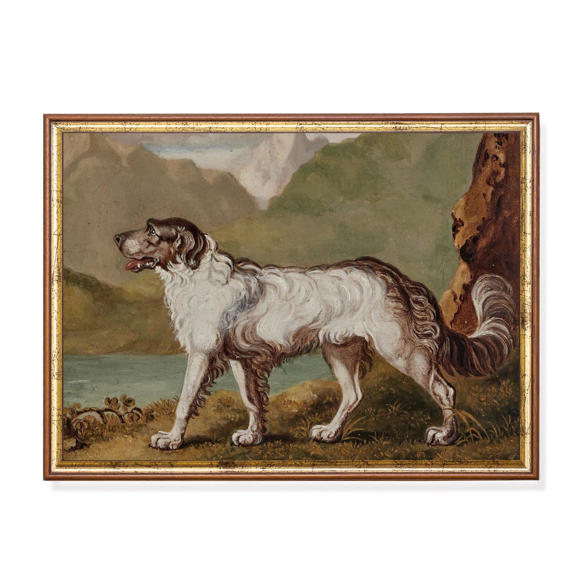 Spaniel Dog Standing by a Lakeside Tree Vintage Hunting Scene Poster
