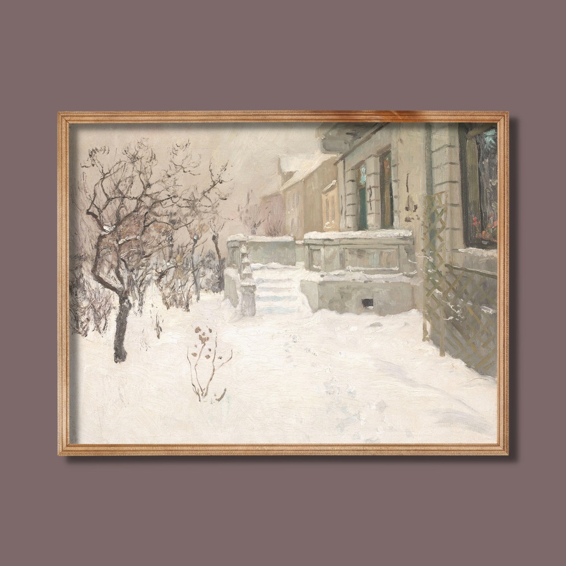 Snow Covered Stone Terrace Garden House Winter Painting Poster - Image 3
