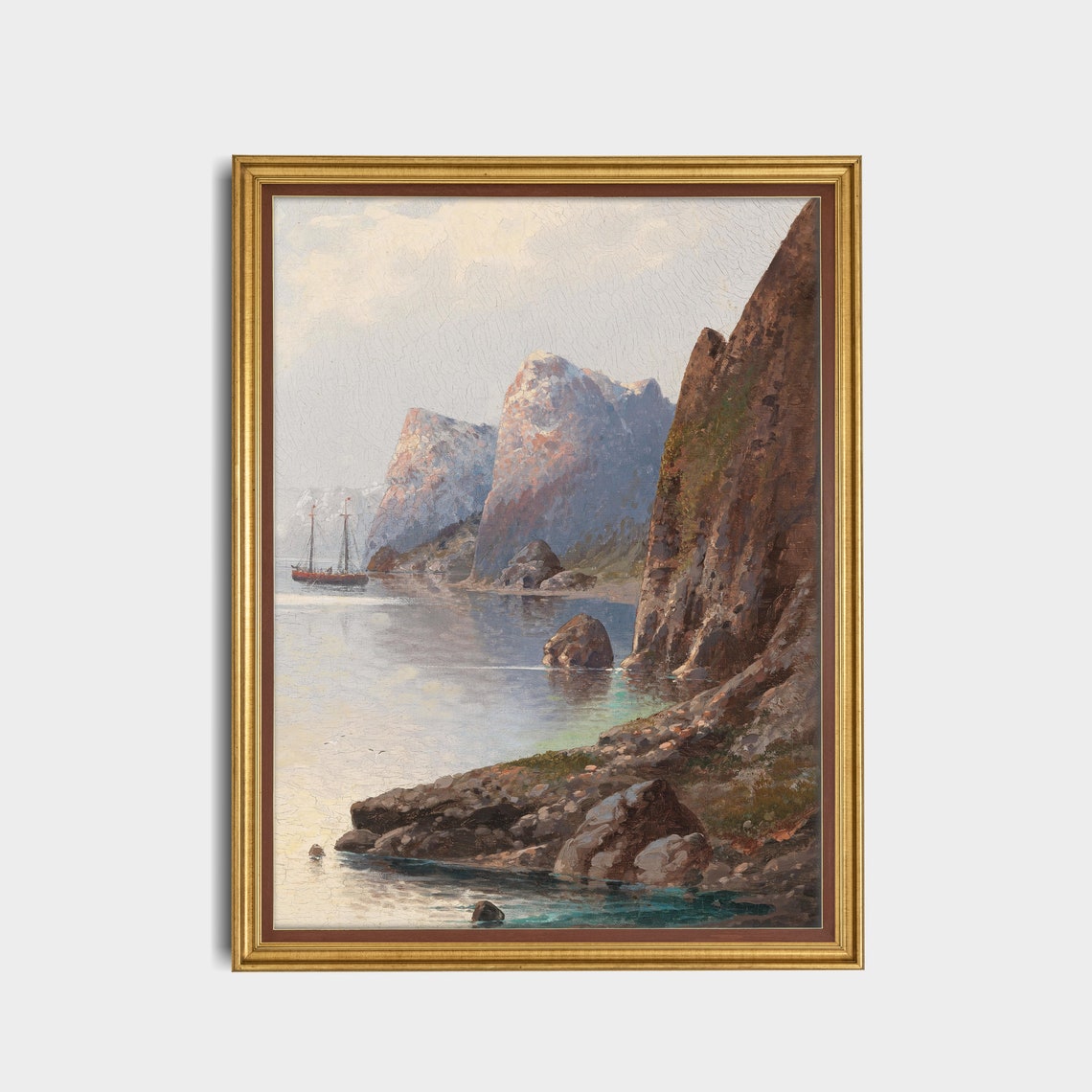 Sailboat on Still Waters Beneath Towering Rocky Cliffs Poster - Image 3