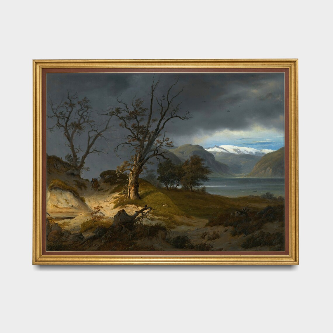 Rider on Horseback Above a Lake at Dusk Mountain Landscape Poster - Image 3