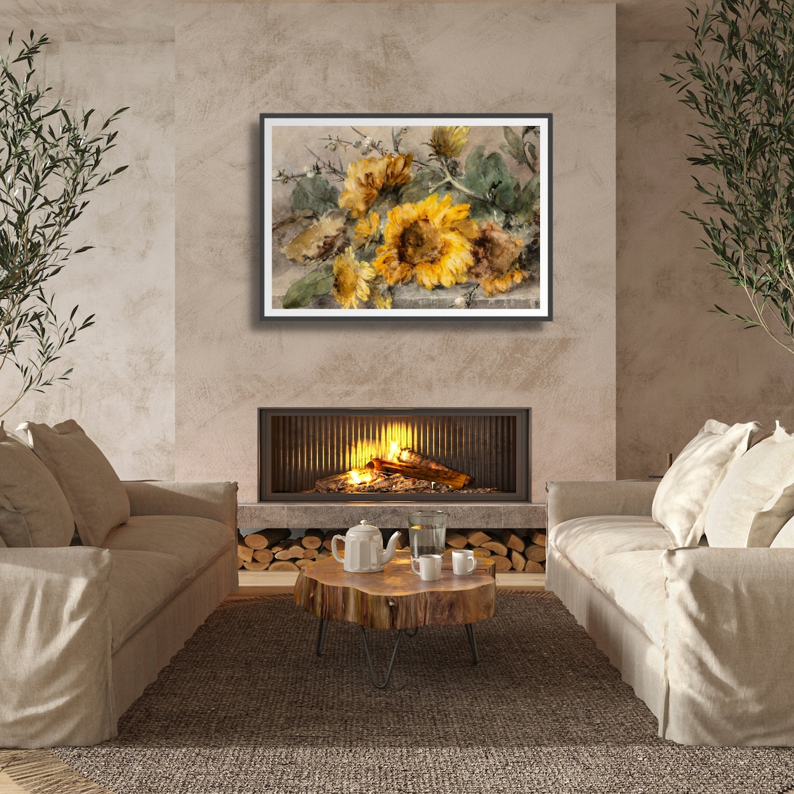 Yellow Sunflowers with White Berries Watercolor Floral Poster - Image 2