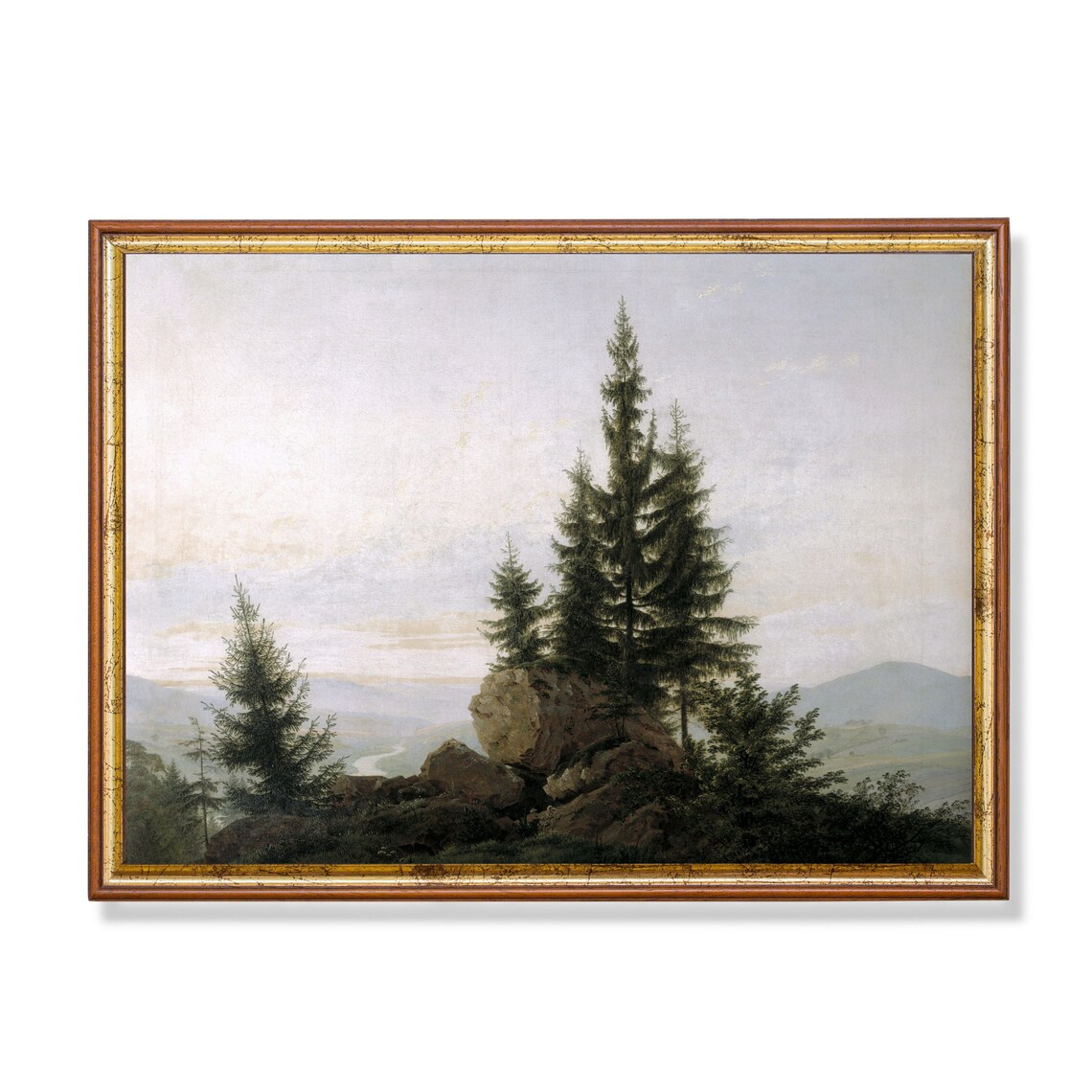 Fir Trees and Rocks Over a Misty Valley Vintage Landscape Poster