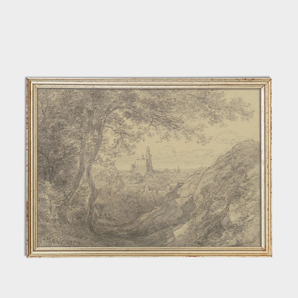 Hillside View Of An Old Town Through Trees Vintage Sketch Poster - Image 3