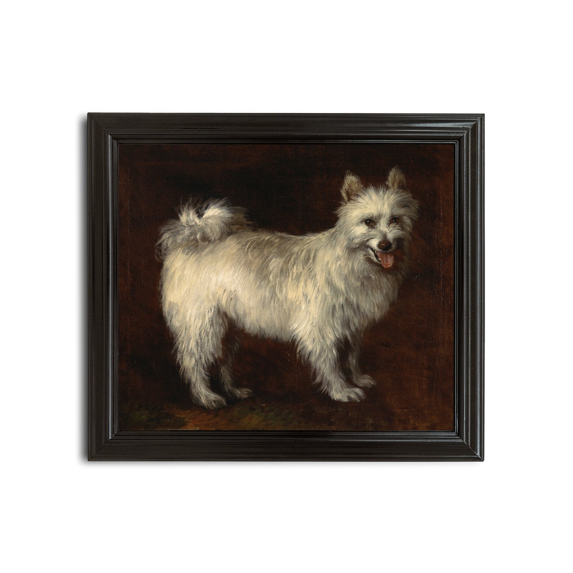 White Terrier Dog Standing Against a Dark Brown Background Poster - Image 2
