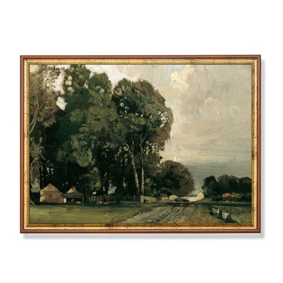 Vintage Landscape Painting Antique Country Landscape Farmhouse Decor Moody Rustic Fine Print Wall Art