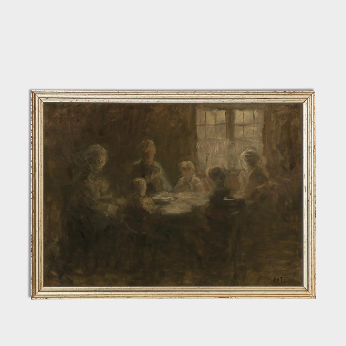 Devout Family Praying Together Moody Antique Figurative Oil Poster - Image 3